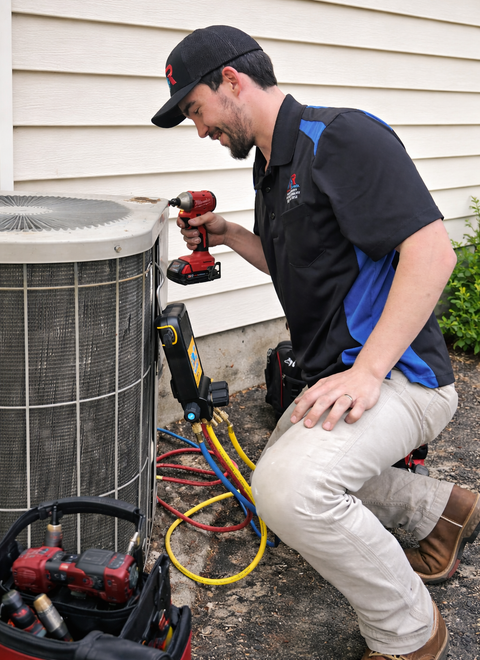Technician kneels beside an outdoor AC unit, using a red drill with tools and hoses nearby.