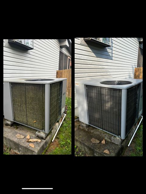 Before-and-after of an outdoor air conditioner unit, showing a dirty filter and a cleaned one side by side