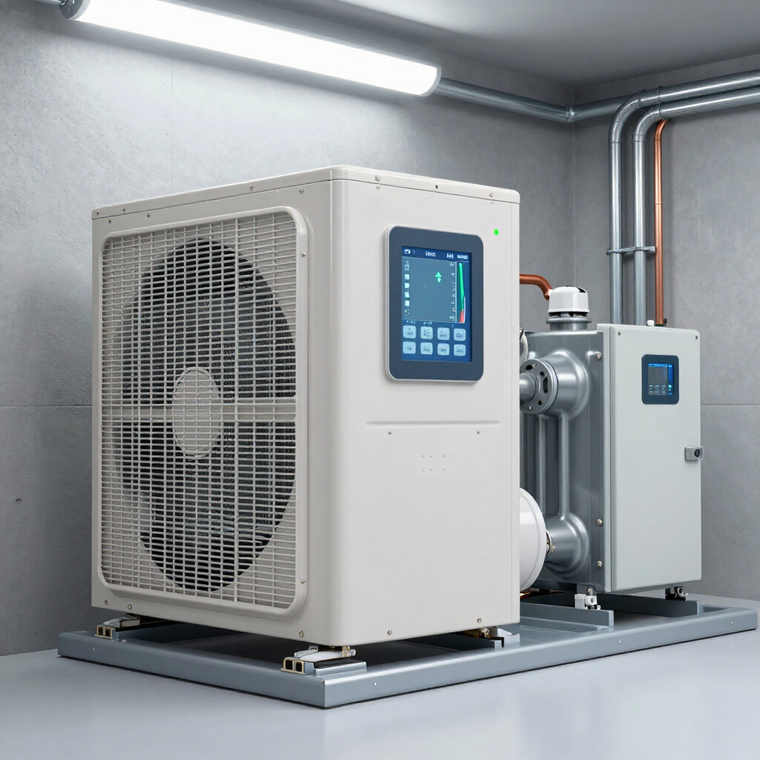 Industrial HVAC unit with display panel and piping in a gray mechanical room