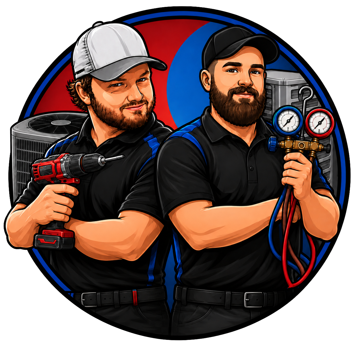 Two HVAC technicians in black uniforms, one holding a drill and one holding gauges, inside a red-blue circle logo
