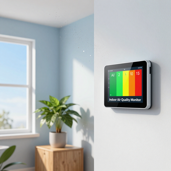 Wall-mounted smart thermostat on a white wall in a bright room with a window and potted plant.