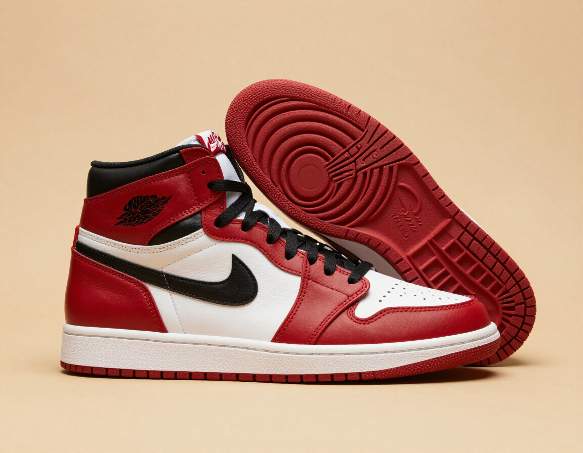 Red, white, and black high-top sneaker with Nike swoosh, shown side view and sole view on beige background
