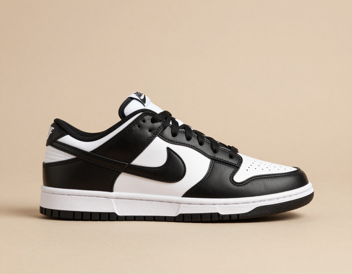 Black, white, and gray Nike sneaker on a beige background