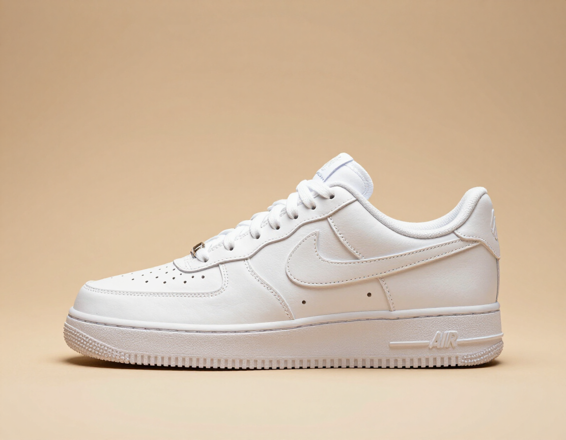 White low-top sneaker on a beige background