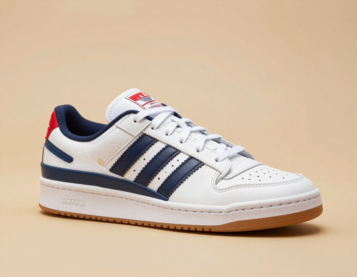 White and navy athletic sneaker with red accents, shown on a beige background.