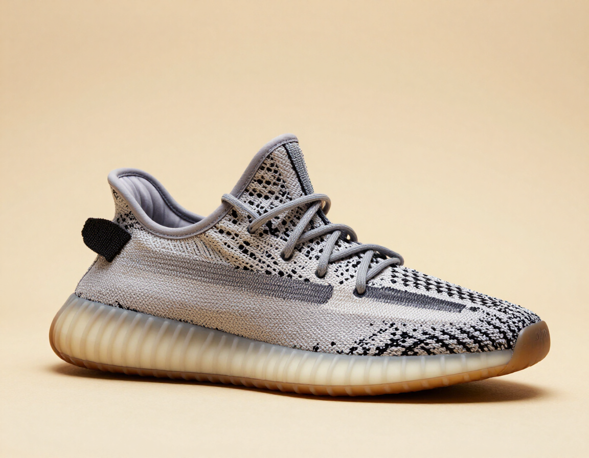 Gray-and-black knit athletic sneaker with beige sole on a plain tan background
