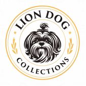 Lion Dog Collections logo with black dog illustration in gold circular border