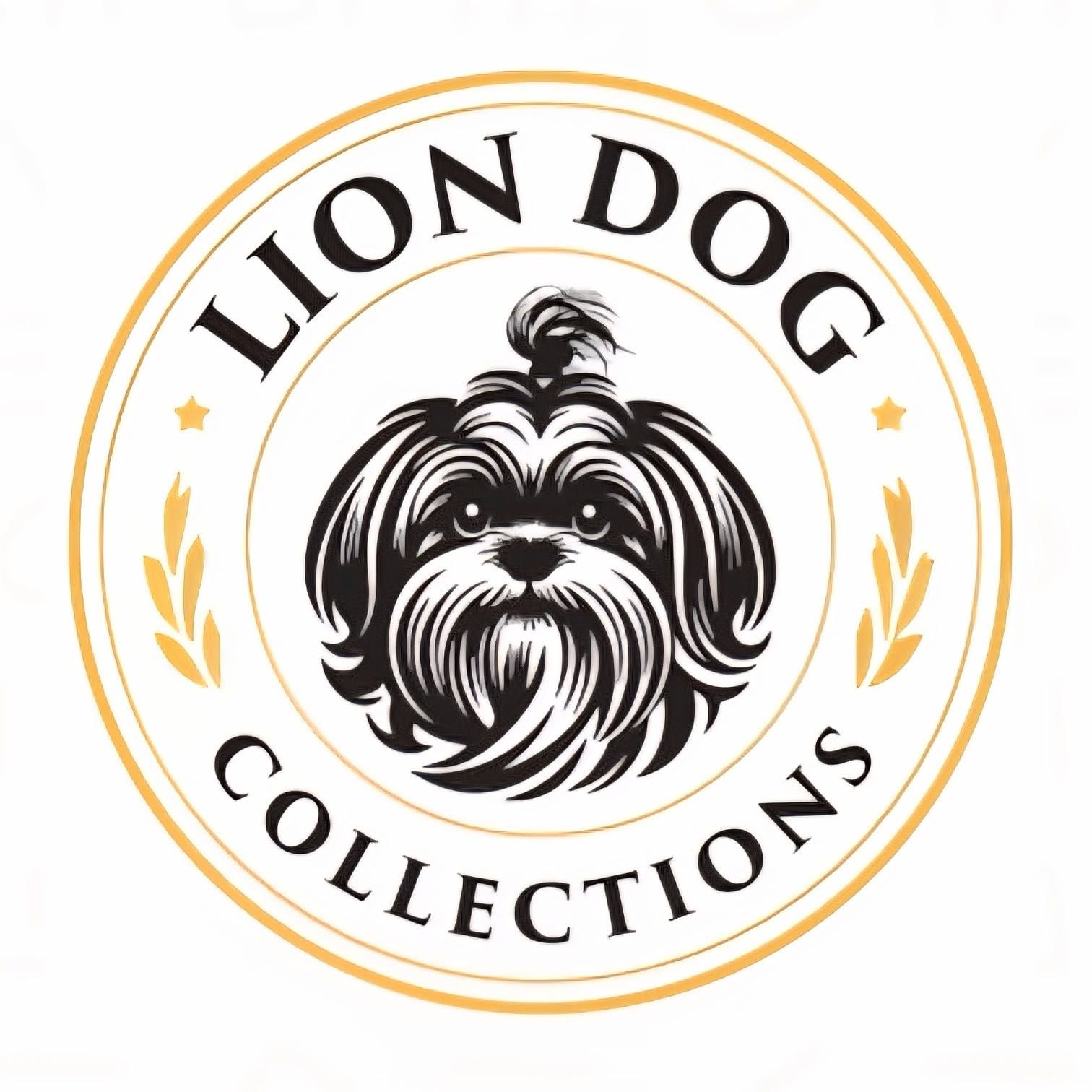 Lion Dog Collections logo with black dog illustration in gold circular border