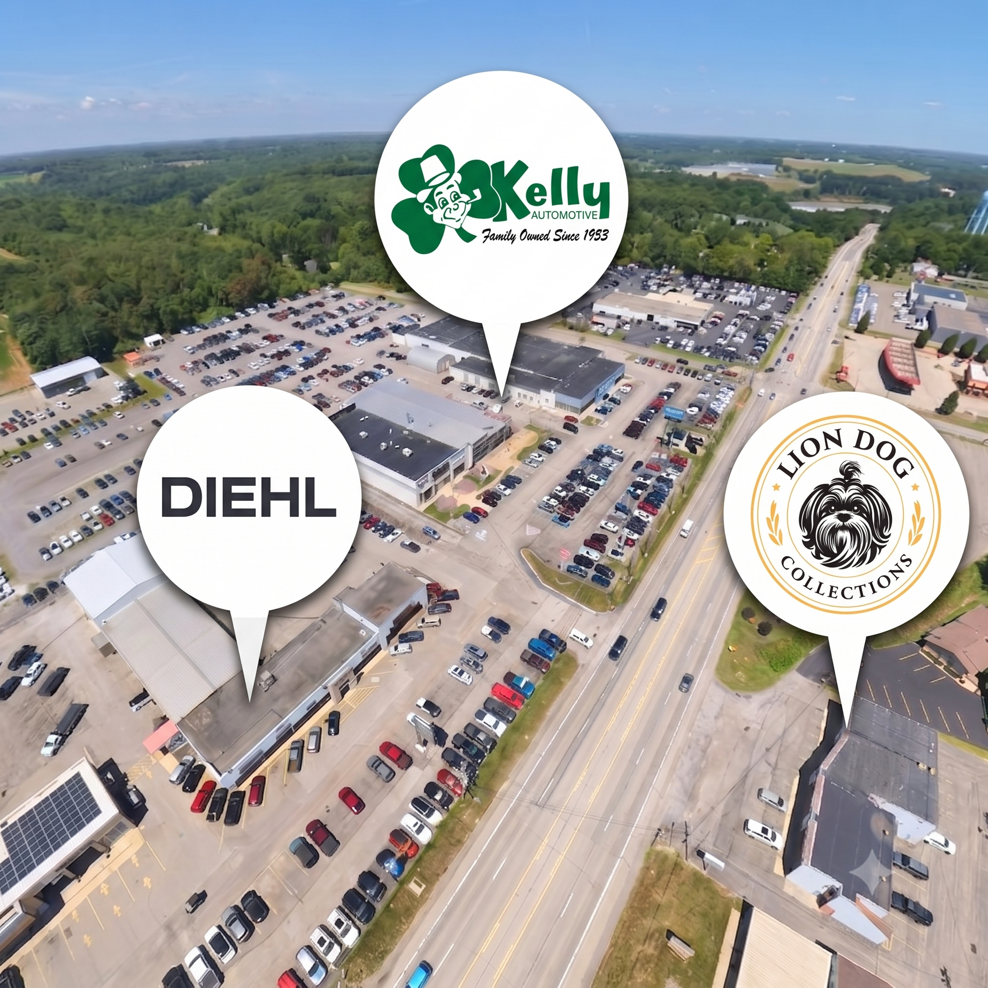 Aerial view of a commercial strip with parking lots and road, overlaid with Diehl, Kelly, and Lion Dog logos.