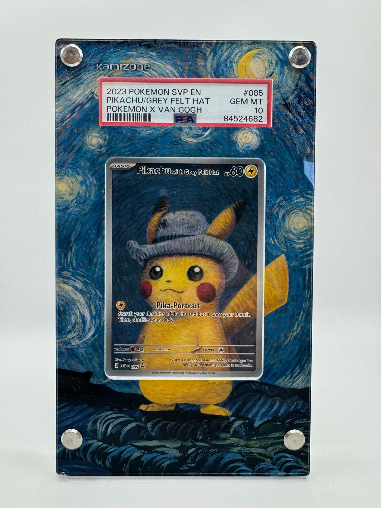 Graded PSA 10 Pikachu Pokémon card in slab, yellow card with Pikachu on a blue sparkly background.