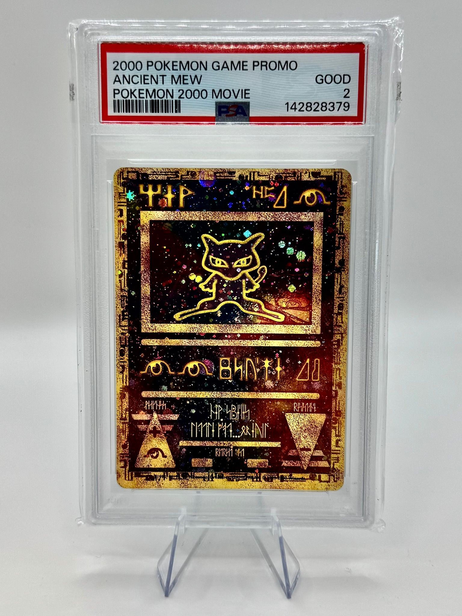 Graded PSA 10 Pikachu Pokémon card in slab, yellow card with Pikachu on a blue sparkly background.