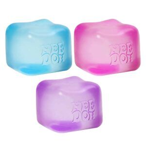 Neon pink and yellow Nice Cube Nee Doh stress ball in a black box with blue cube window