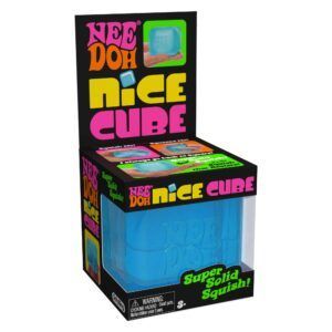 Neon pink and yellow Nice Cube Nee Doh stress ball in a black box with blue cube window