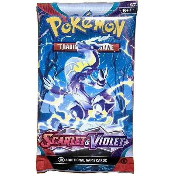Pokémon Scarlet & Violet booster pack with blue artwork and the Koraidon emblem