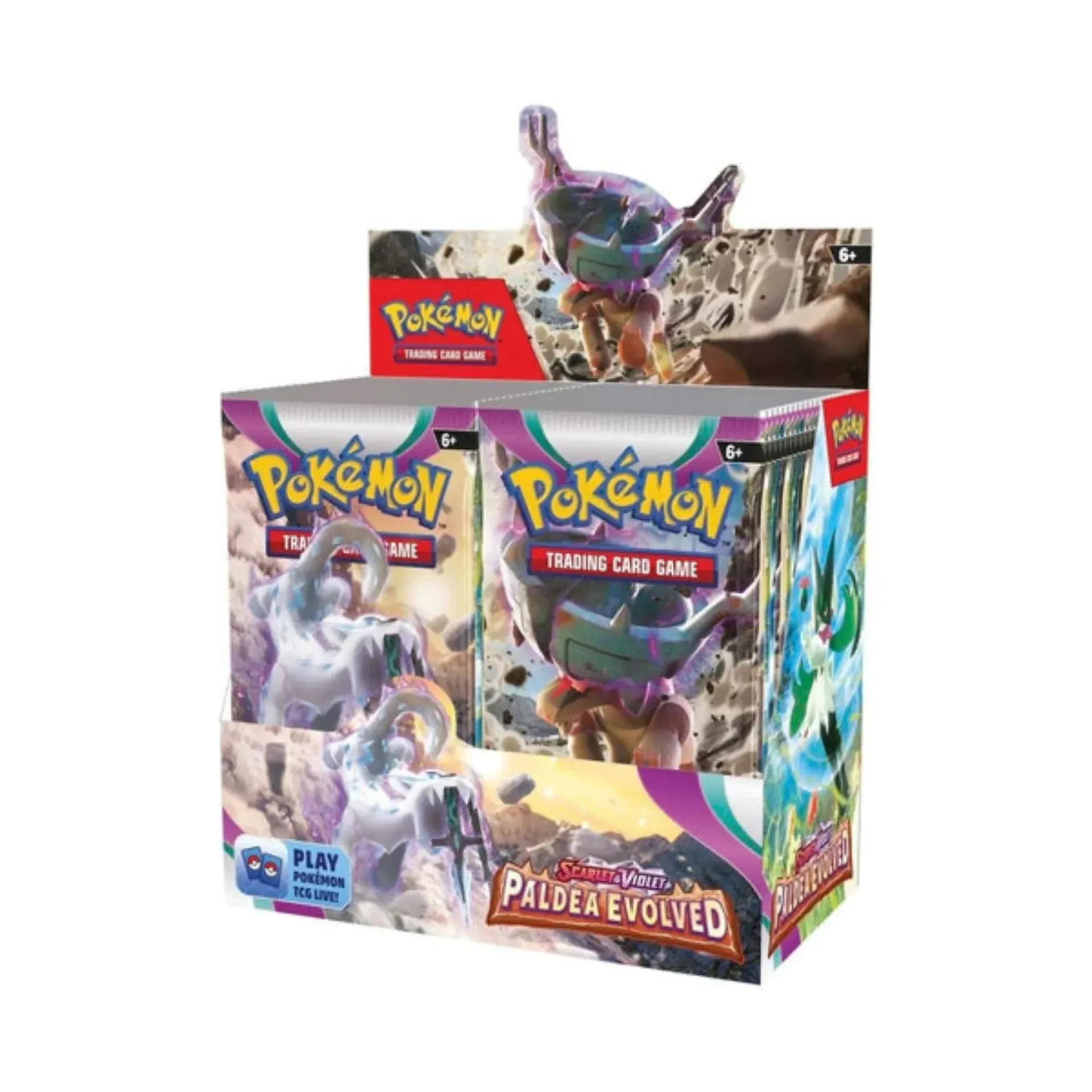 Pokémon TCG Paldean Fates elite trainer box with booster packs and colorful box art