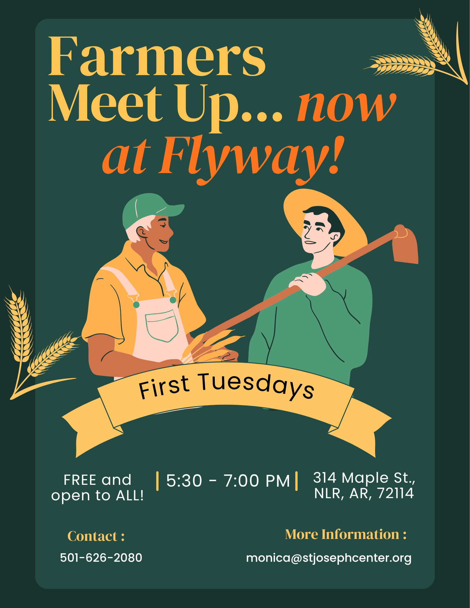 Farmers market meet up poster with two people, green background, “First Tuesdays” banner and event details