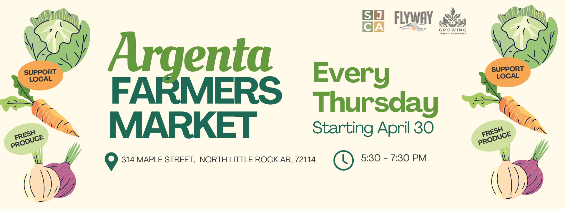 Argenta Farmers Market poster with green logo and produce graphics, advertising every Thursday starting April 3rd.