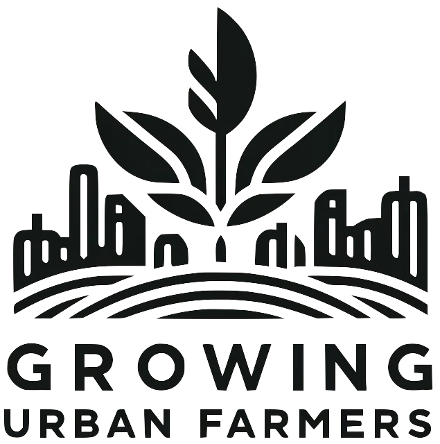 Logo for Growing Urban Farmers with city skyline and leafy plant icon above text