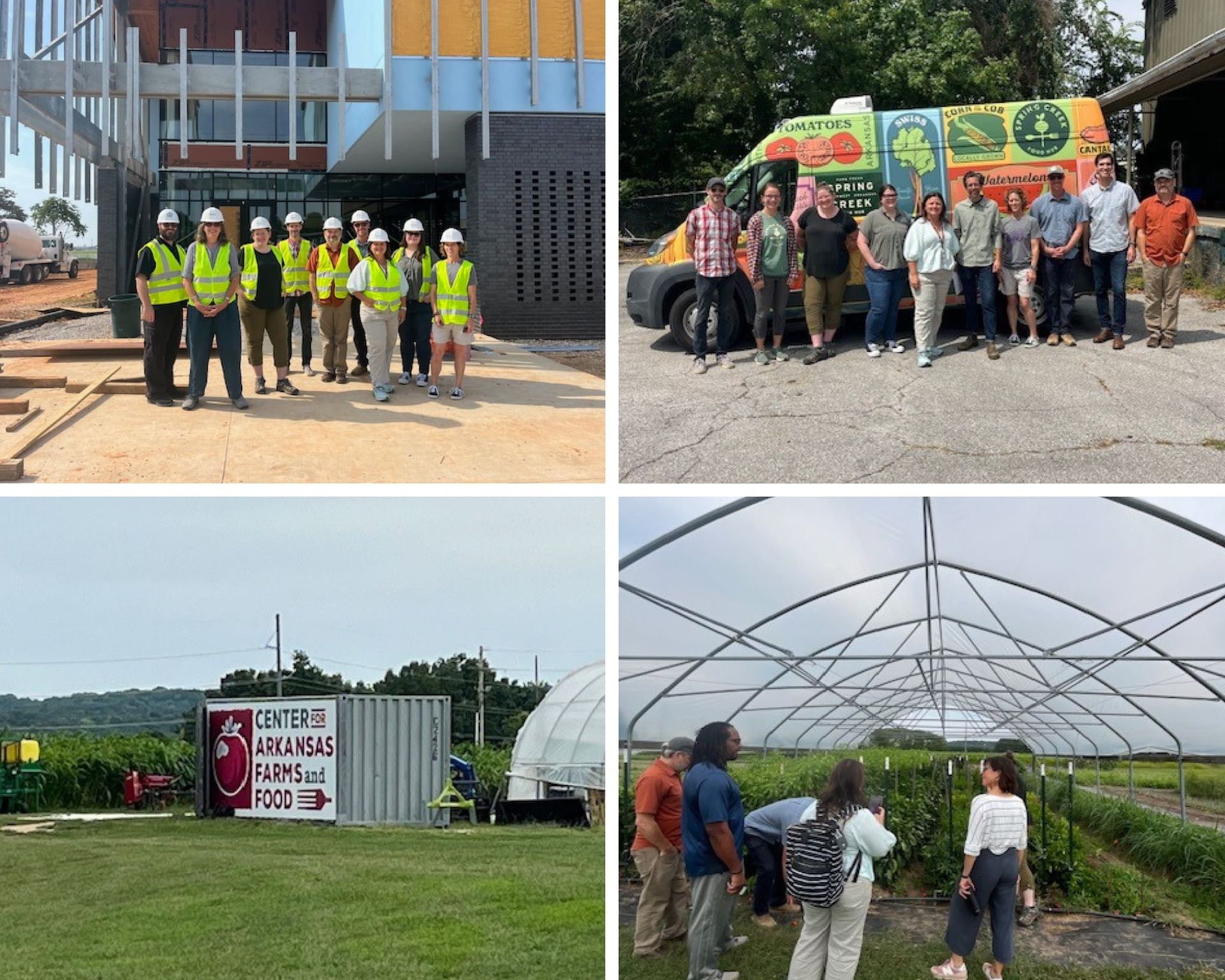 Collage of workers at an outdoor site, standing by a building, a sign, and a greenhouse structure.