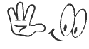 Cartoon hand giving a peace sign next to a smiling face with large, round eyes.