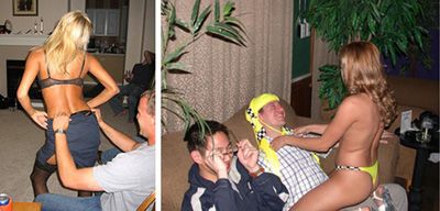 Two photos side by side showing scantily clad women with men in what appears to be a party setting.