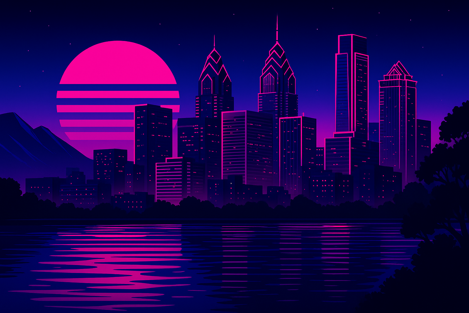 Synthwave cityscape with neon pink sun, skyline, and water.