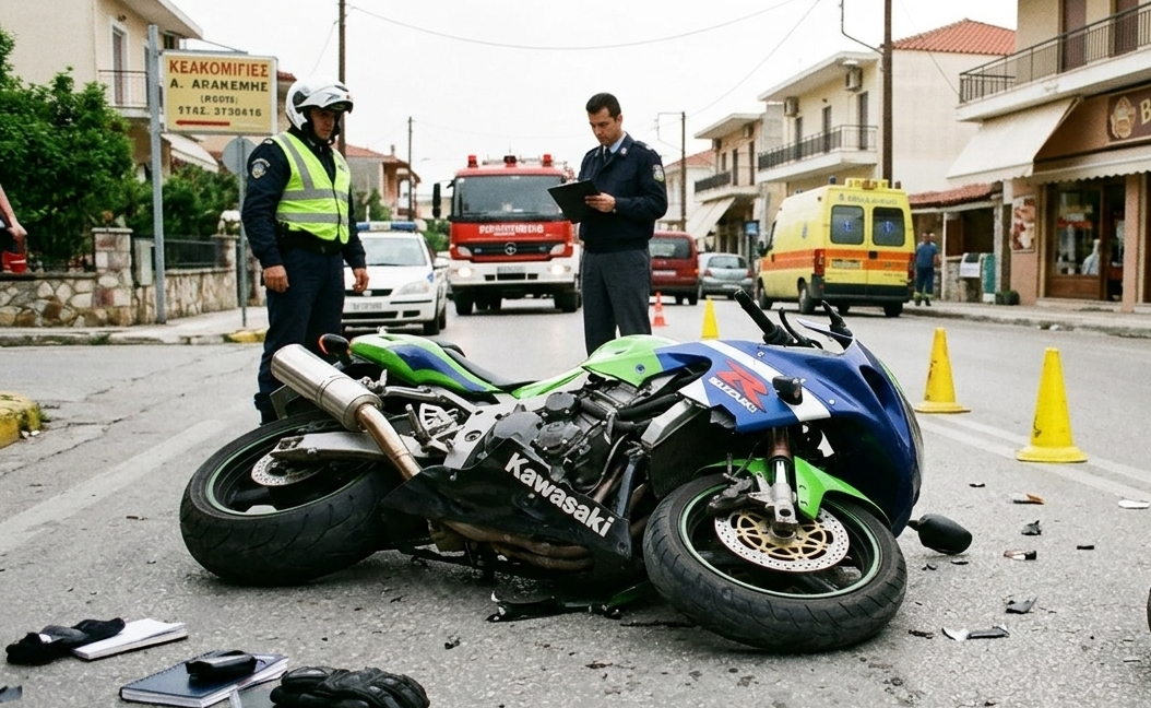 Police at the scene of a crashed green Kawasaki motorcycle on a city street.