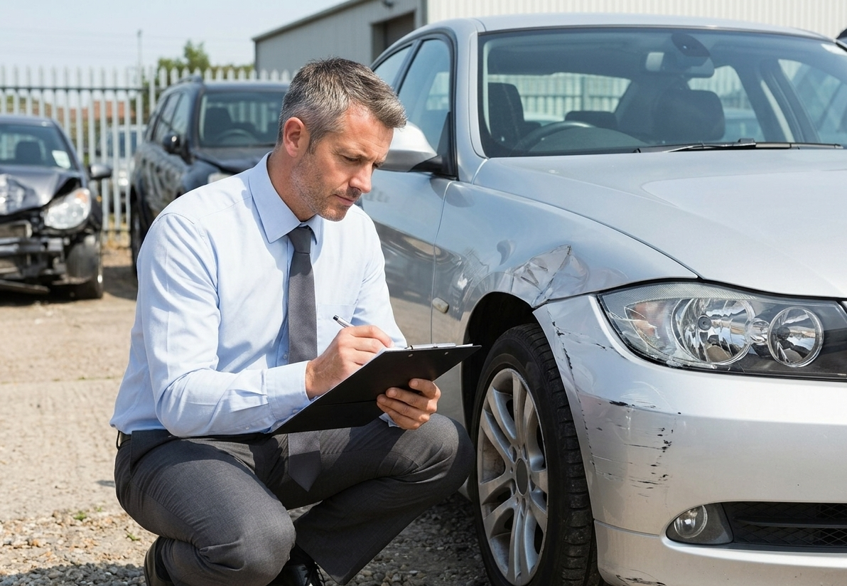 Insurance adjuster or lawyer inspecting damage on a silver sedan.