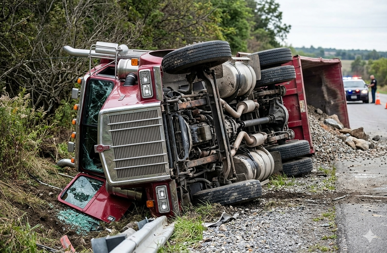 A large semi-truck overturned on its side in a ditch after a highway accident.