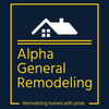Logo for Alpha General Remodeling. White house icon above gold text on a navy blue background, with a yellow border.