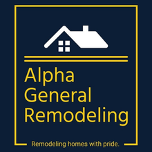 Logo for Alpha General Remodeling. White house icon above gold text on a navy blue background, with a yellow border.