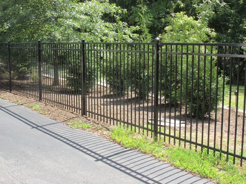 Black metal fence bordering a paved road and grassy area, with trees in the background.