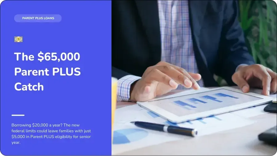 Blue promo graphic about the $65,000 Parent PLUS Catch, with hands reviewing paperwork at a desk