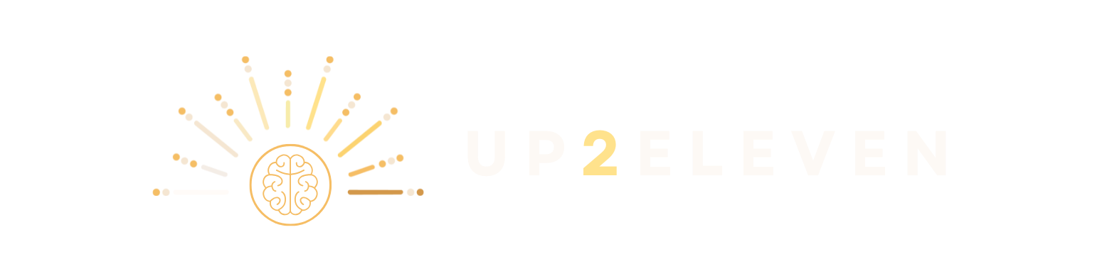 White logo with a sunburst icon and the text “UP 2 ELEVEN” on a white background