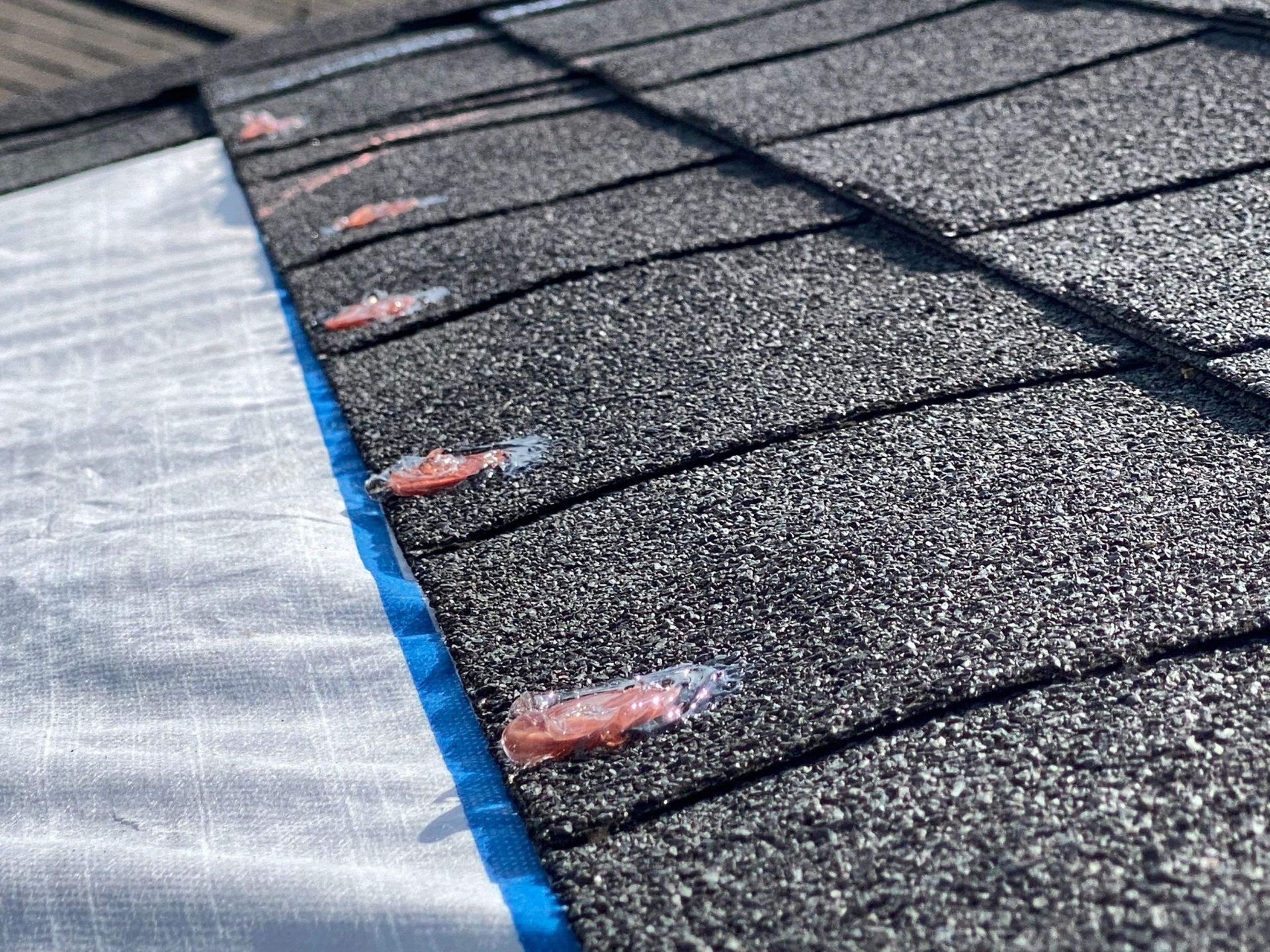 Close-up of asphalt shingles with sealant along the edge of a roof. Blue tape and white underlayment are visible.