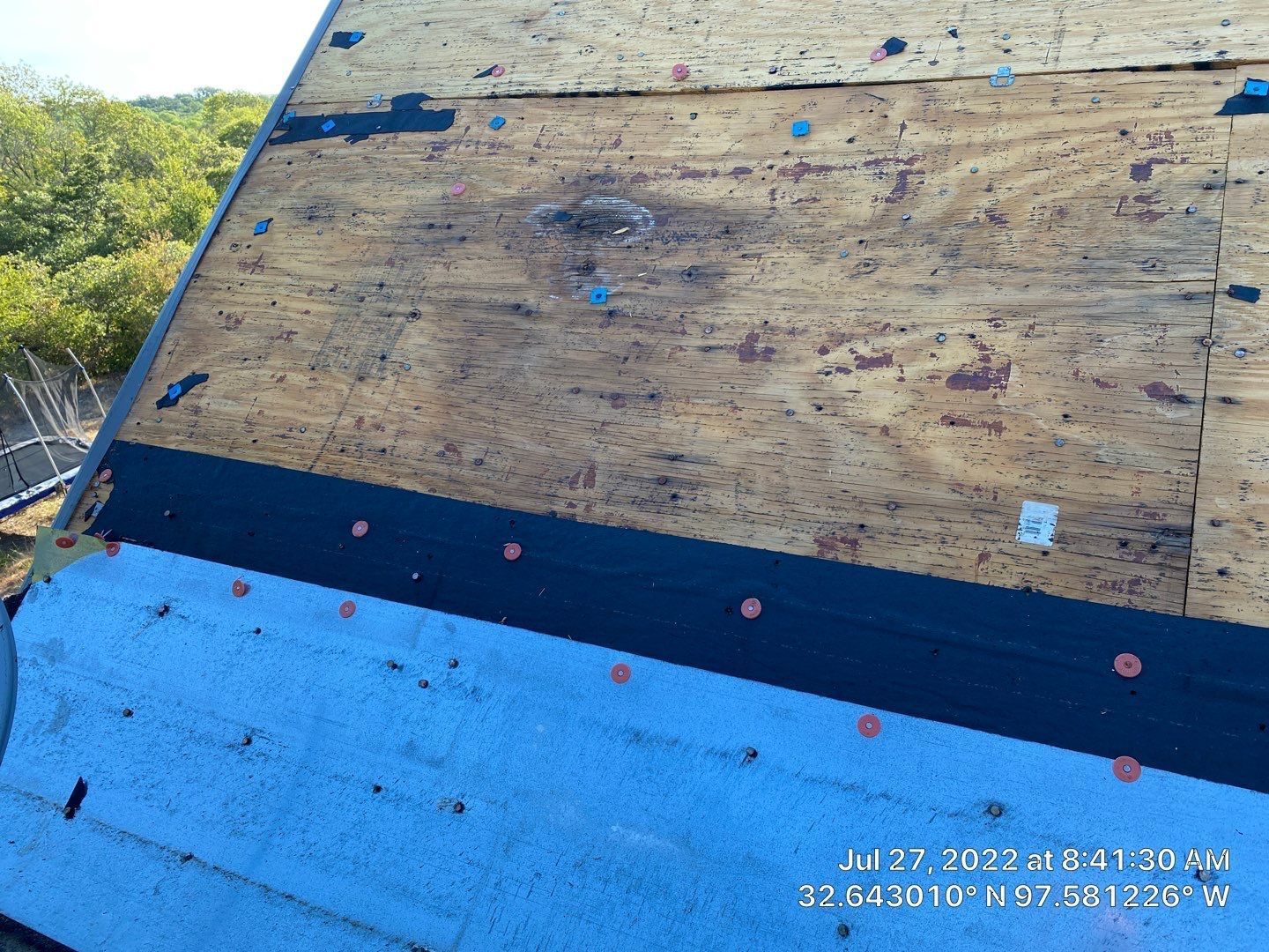 Damaged roof with exposed plywood and blue underlayment.