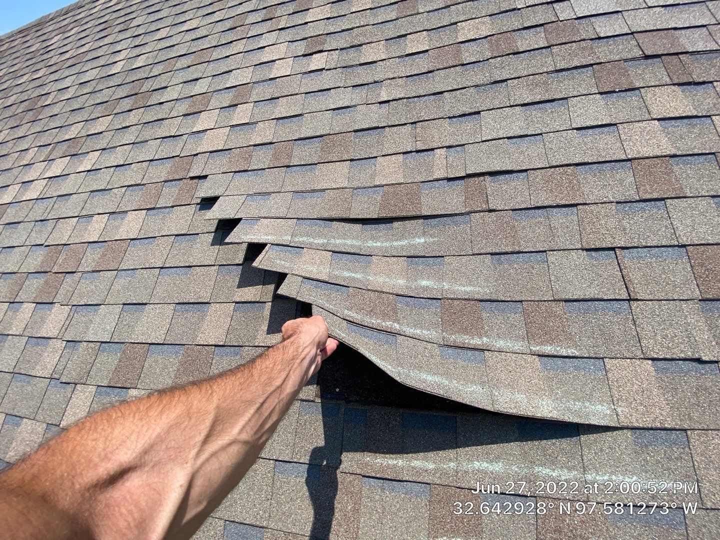 Person lifting damaged asphalt shingle on a roof, revealing the underlying structure.