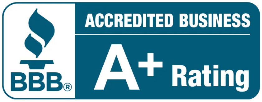 BBB Accredited Business logo, A+ Rating, blue and white.