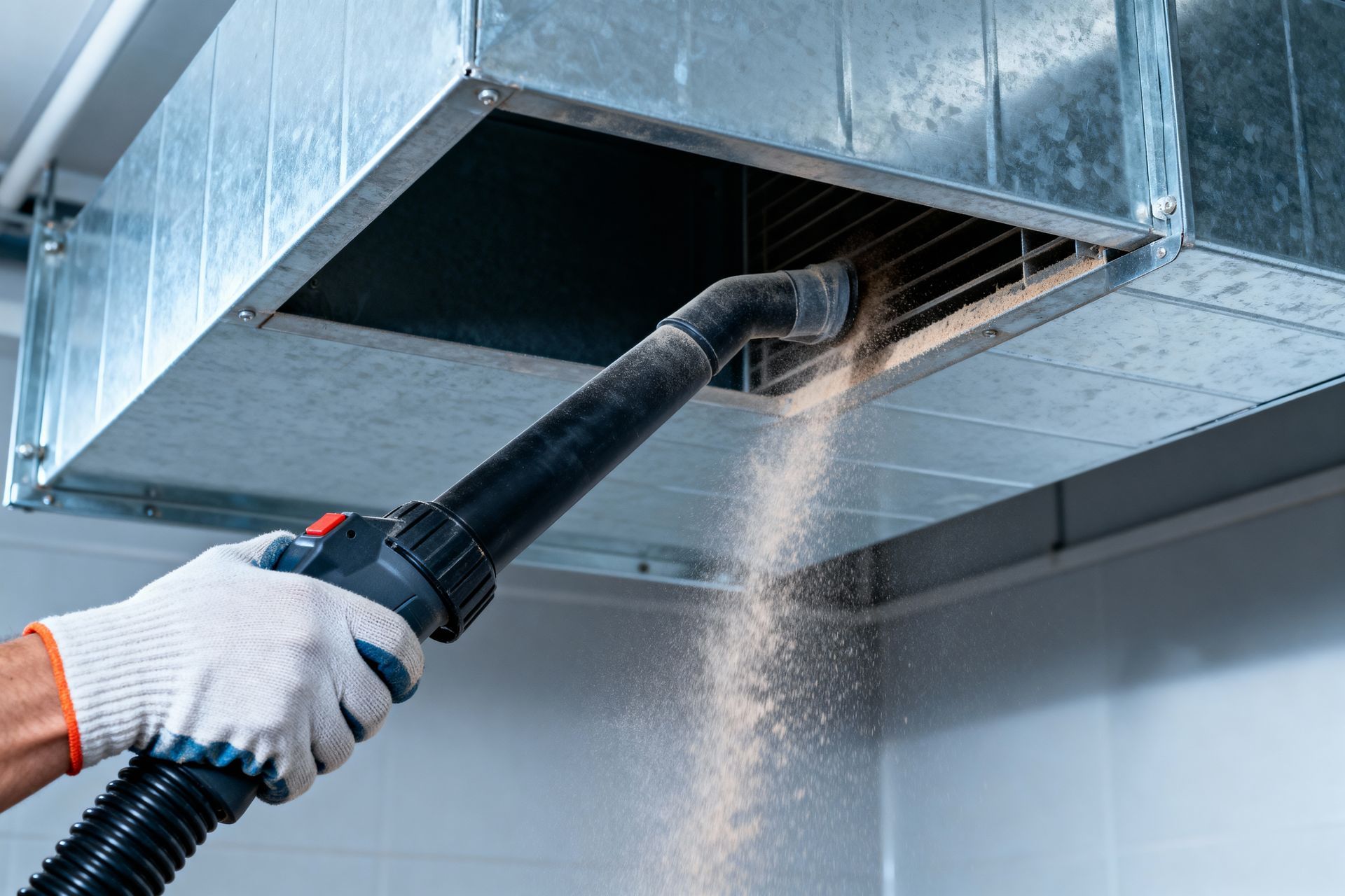 A gloved hand uses a vacuum hose to clean thick dust from the inside of a metal ventilation duct.