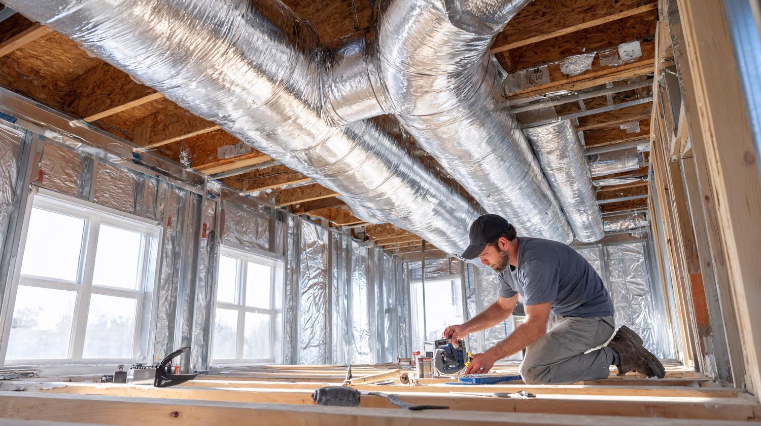 Worker installing insulation in a bright attic with exposed beams and silver ductwork