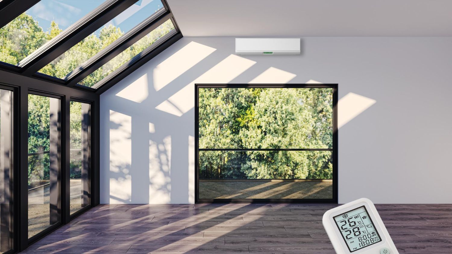 Modern room with floor-to-ceiling windows, sunlit walls, and a view of green trees outside.