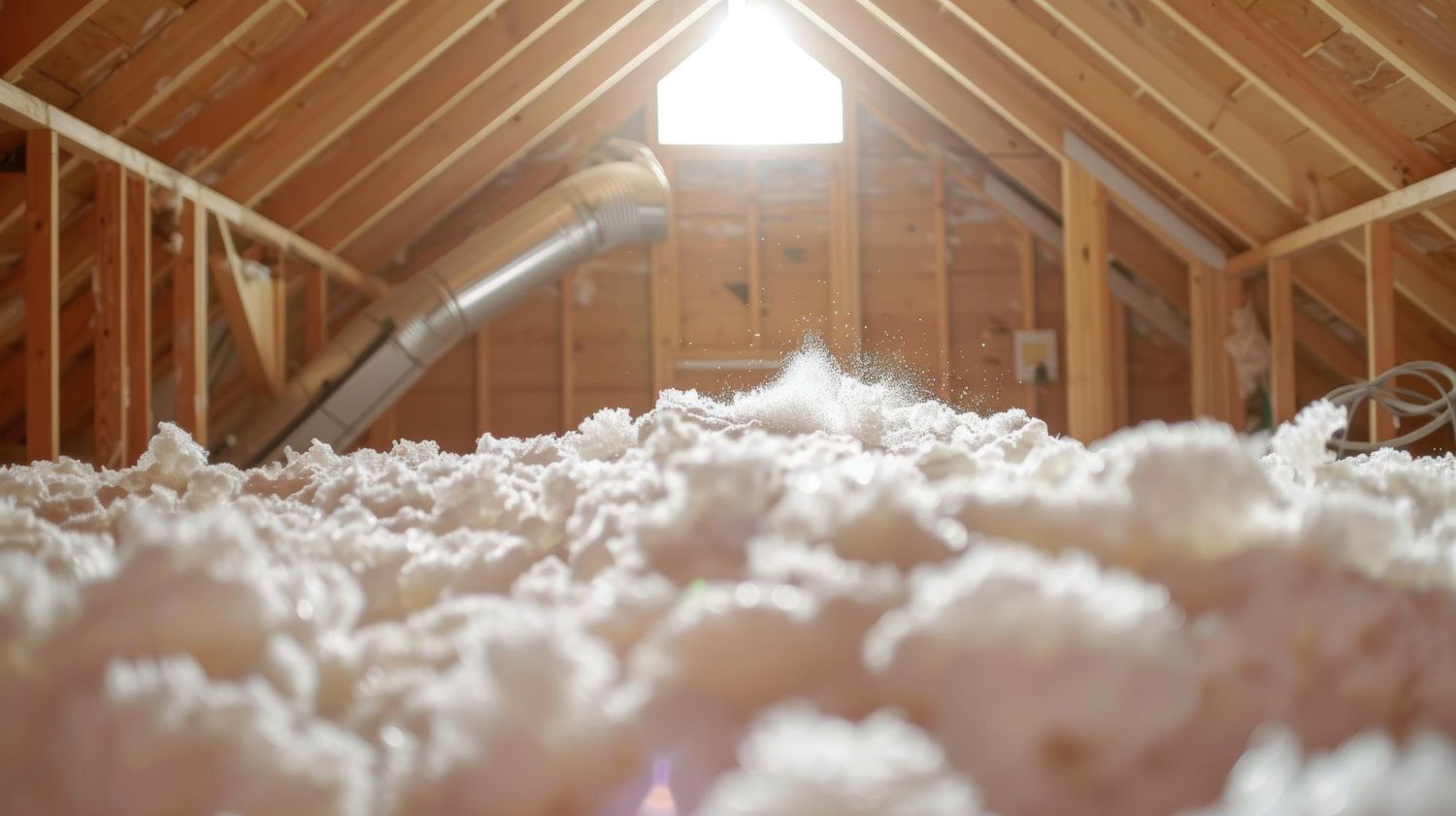 Attic insulated with fluffy white insulation, wood rafters visible and a vent pipe running to a bright window.