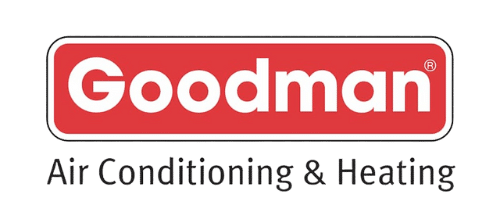 Goodman Air Conditioning & Heating logo with red wordmark and black text on white background