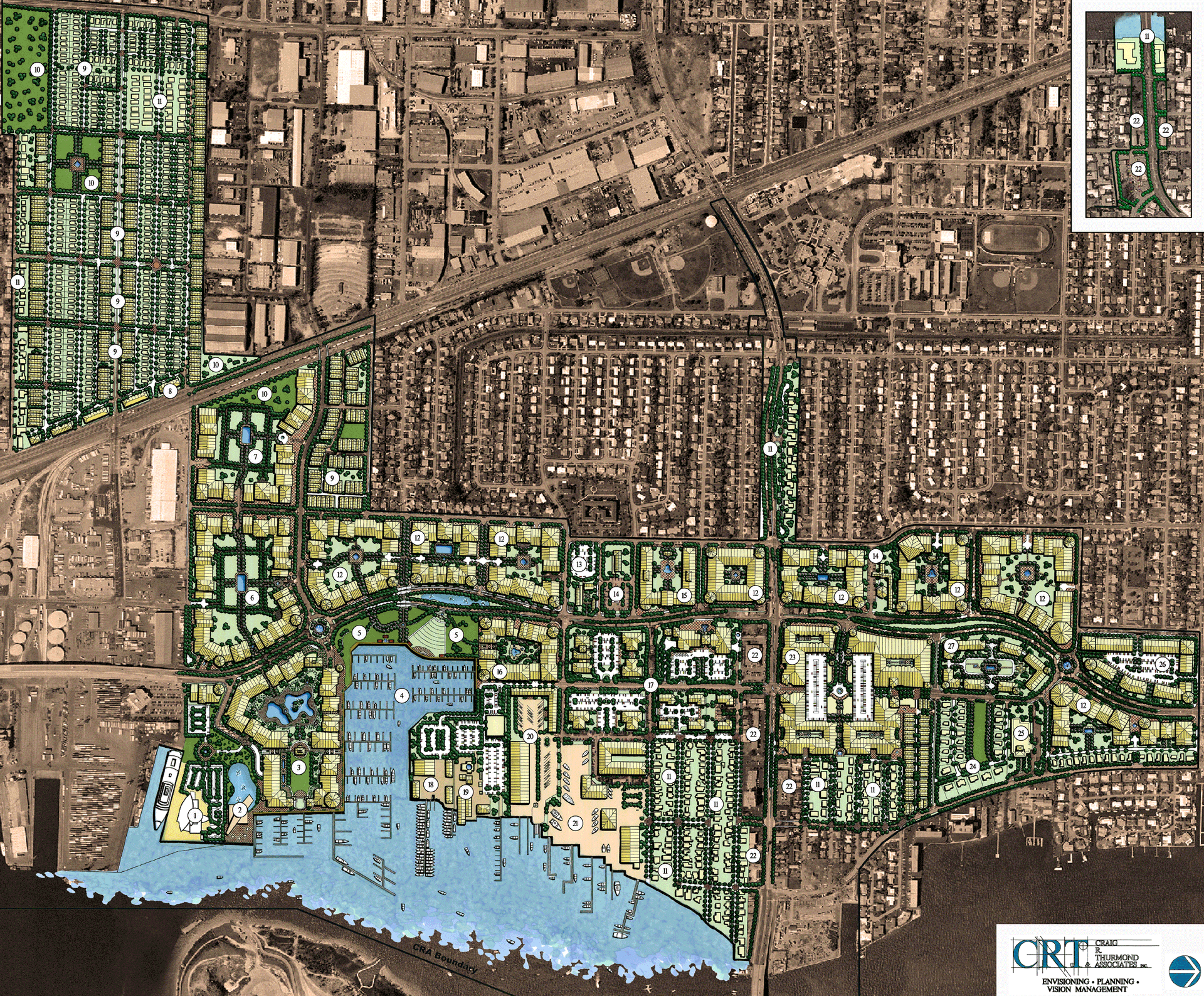 Hand drawing on a landscape plan with a ruler and colored pencils, with green and tan design elements.
