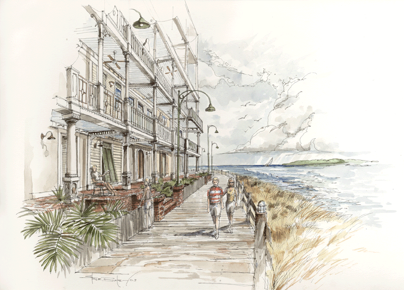 A watercolor sketch shows a seaside boardwalk beside a multi-story building, with people walking toward the horizon.