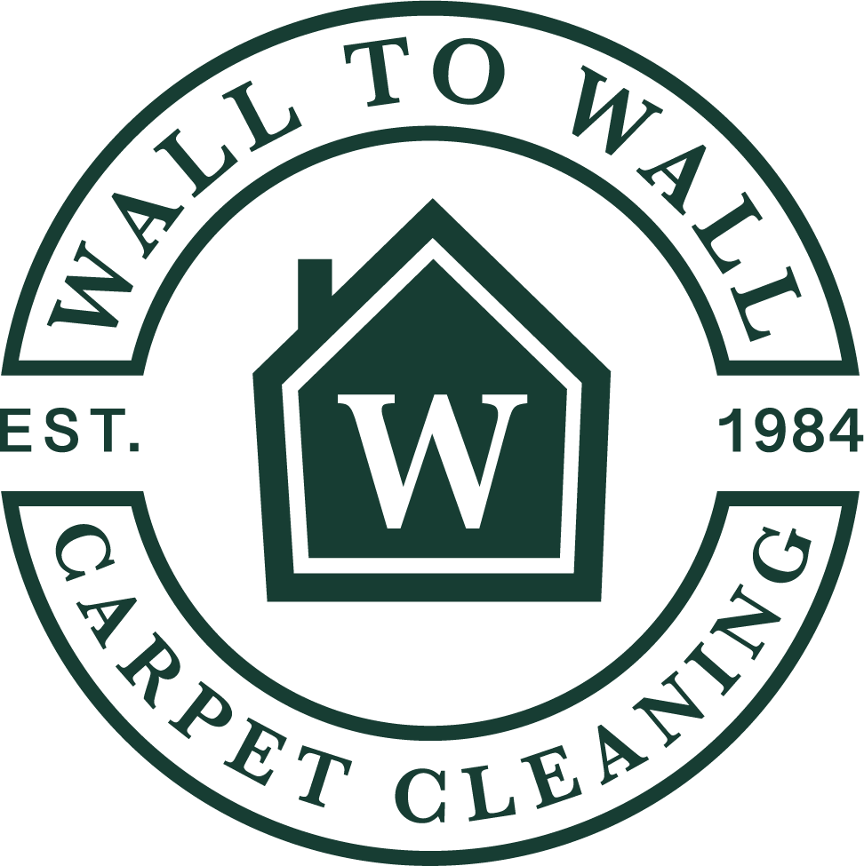 Wall to Wall Carpet Cleaning logo with green house icon and circular text, est. 1984