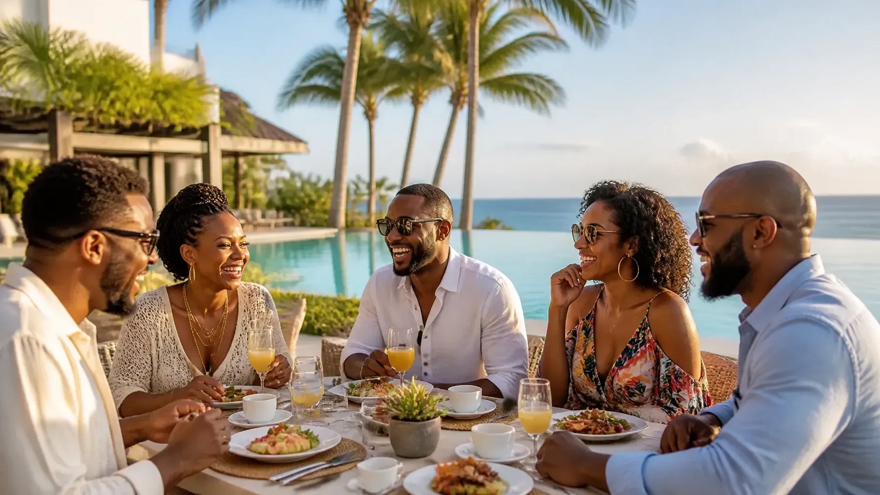 Group dining outdoors at a beachfront table with drinks, plates, and palm trees at sunset.