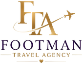 The logo for footman travel agency is surrounded by flowers