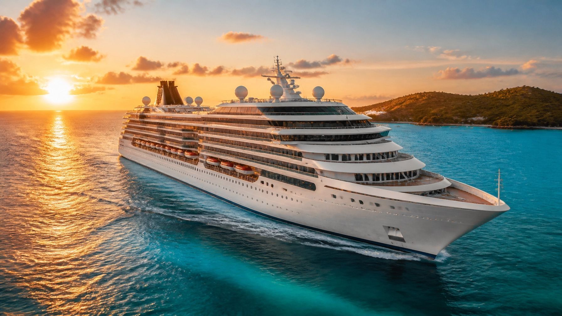 Luxury cruise ship sailing at sunset on calm turquoise water near a tropical island