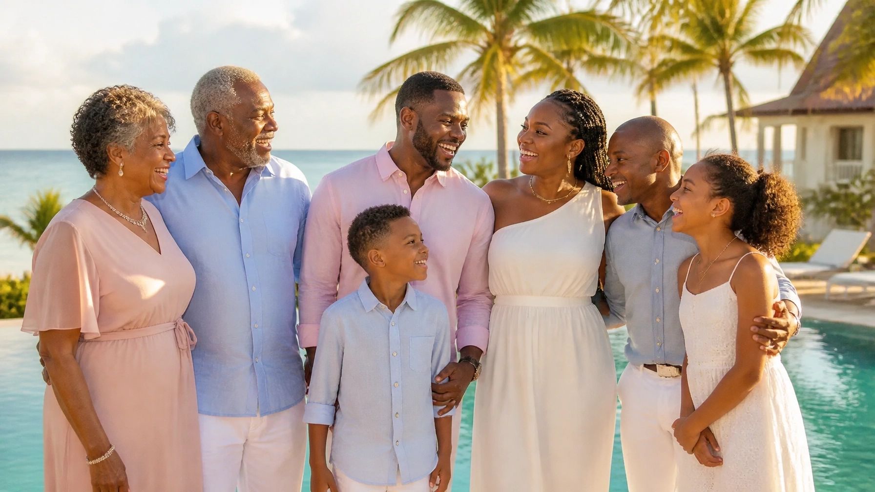 Family group posing outdoors on a sunny beach, with palm trees and white buildings in the background.